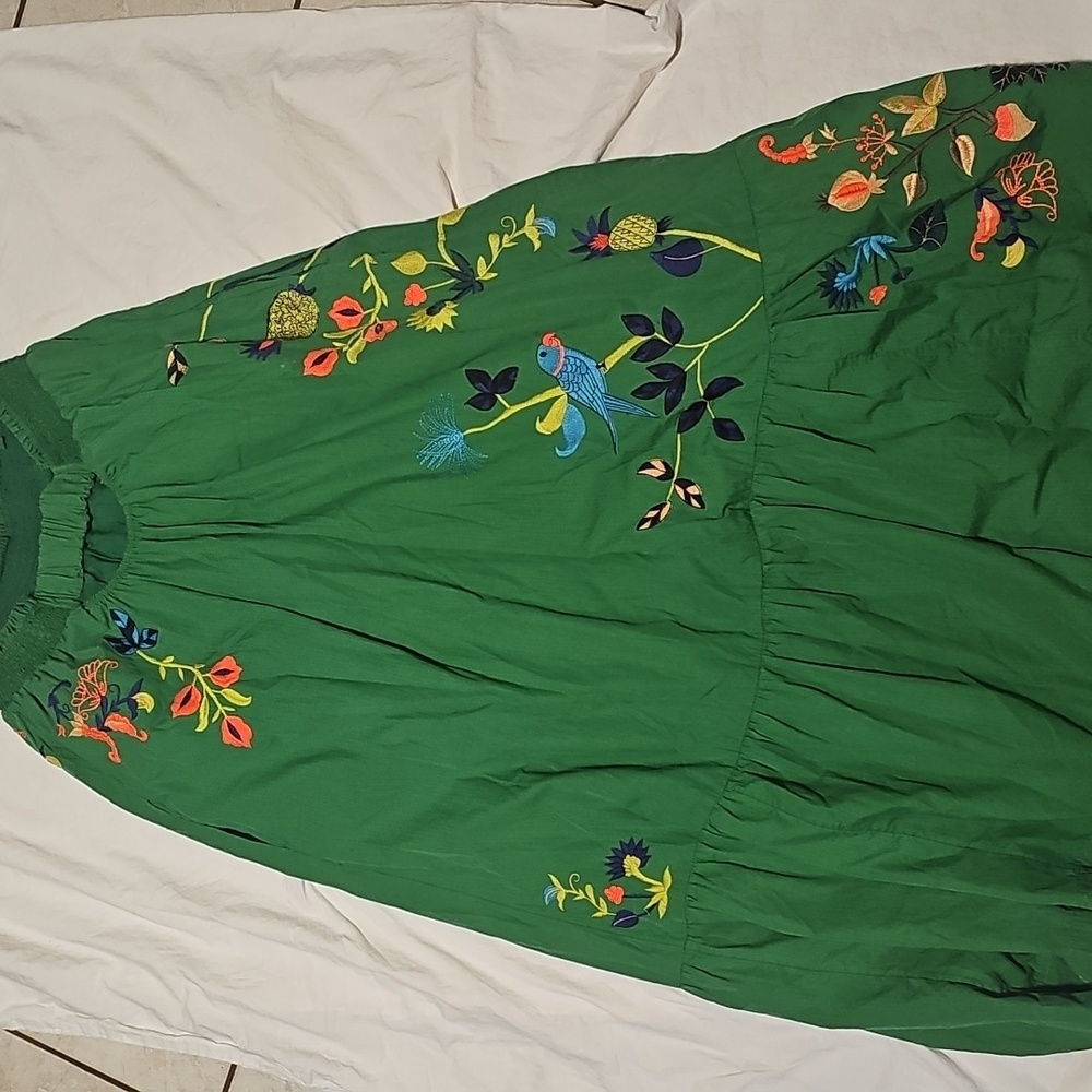 Anthropologie Strapless Embroidered Maxi Dress Green Tropical Botanical Smocked - Picture 8 of 9